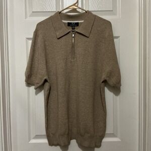 Magaschoni Men's‎ 1/4 Zip Short Sleeve Sweater Tan/Cream Textured Knit Preppy L